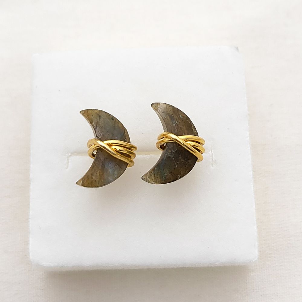 Labradorite Crescent Stud Earrings Dainty Handmade Gold Plated Sterling Silver Half Moon Jewelry Gift- Selling Per Piece