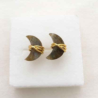 Labradorite Crescent Stud Earrings Dainty Handmade Gold Plated Sterling Silver Half Moon Jewelry Gift- Selling Per Piece