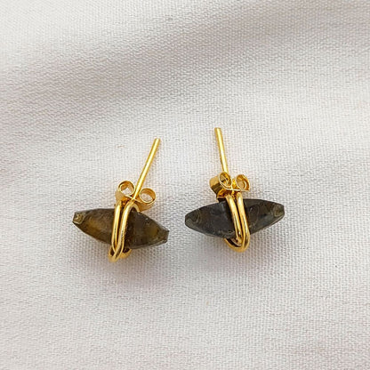 Labradorite Crescent Stud Earrings Dainty Handmade Gold Plated Sterling Silver Half Moon Jewelry Gift- Selling Per Piece