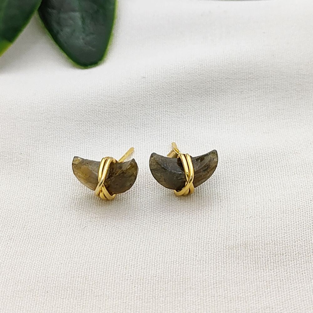 Labradorite Crescent Stud Earrings Dainty Handmade Gold Plated Sterling Silver Half Moon Jewelry Gift- Selling Per Piece