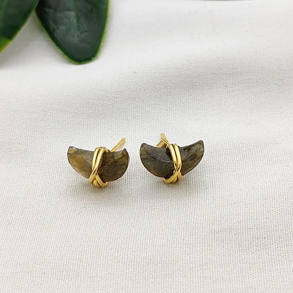 Labradorite Crescent Stud Earrings Dainty Handmade Gold Plated Sterling Silver Half Moon Jewelry Gift- Selling Per Piece