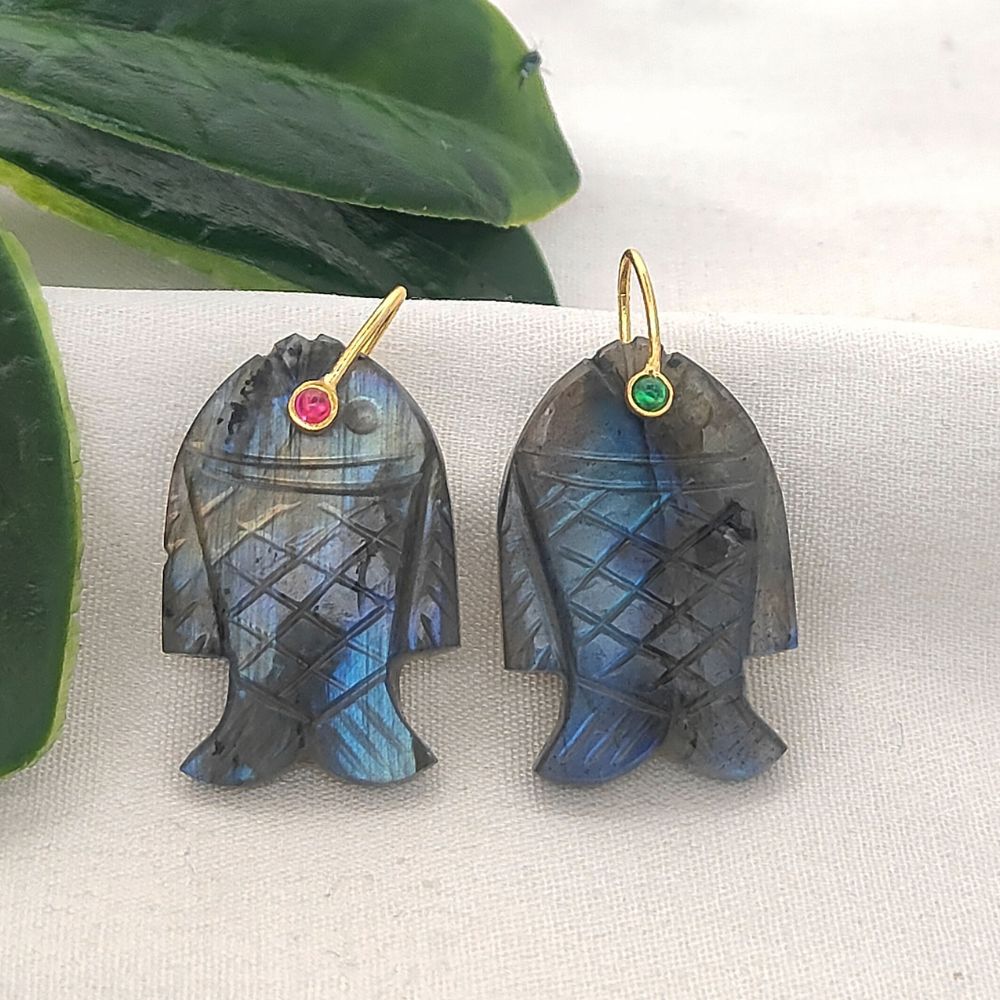 Labradorite Fish Pendant Hand Carved Gemstone Charm Gold Plated 925 Sterling Silver Bail for Jewelry Making Necklace Supply