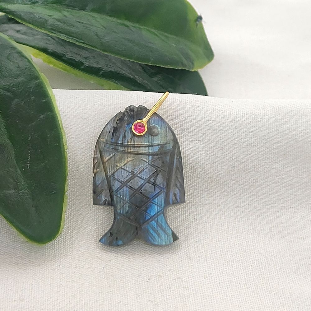 Labradorite Fish Pendant Hand Carved Gemstone Charm Gold Plated 925 Sterling Silver Bail for Jewelry Making Necklace Supply
