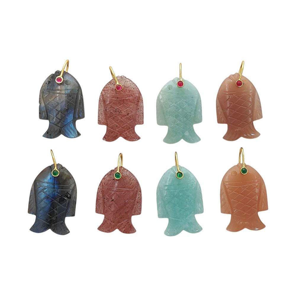 Labradorite Fish Pendant Hand Carved Gemstone Charm Gold Plated 925 Sterling Silver Bail for Jewelry Making Necklace Supply