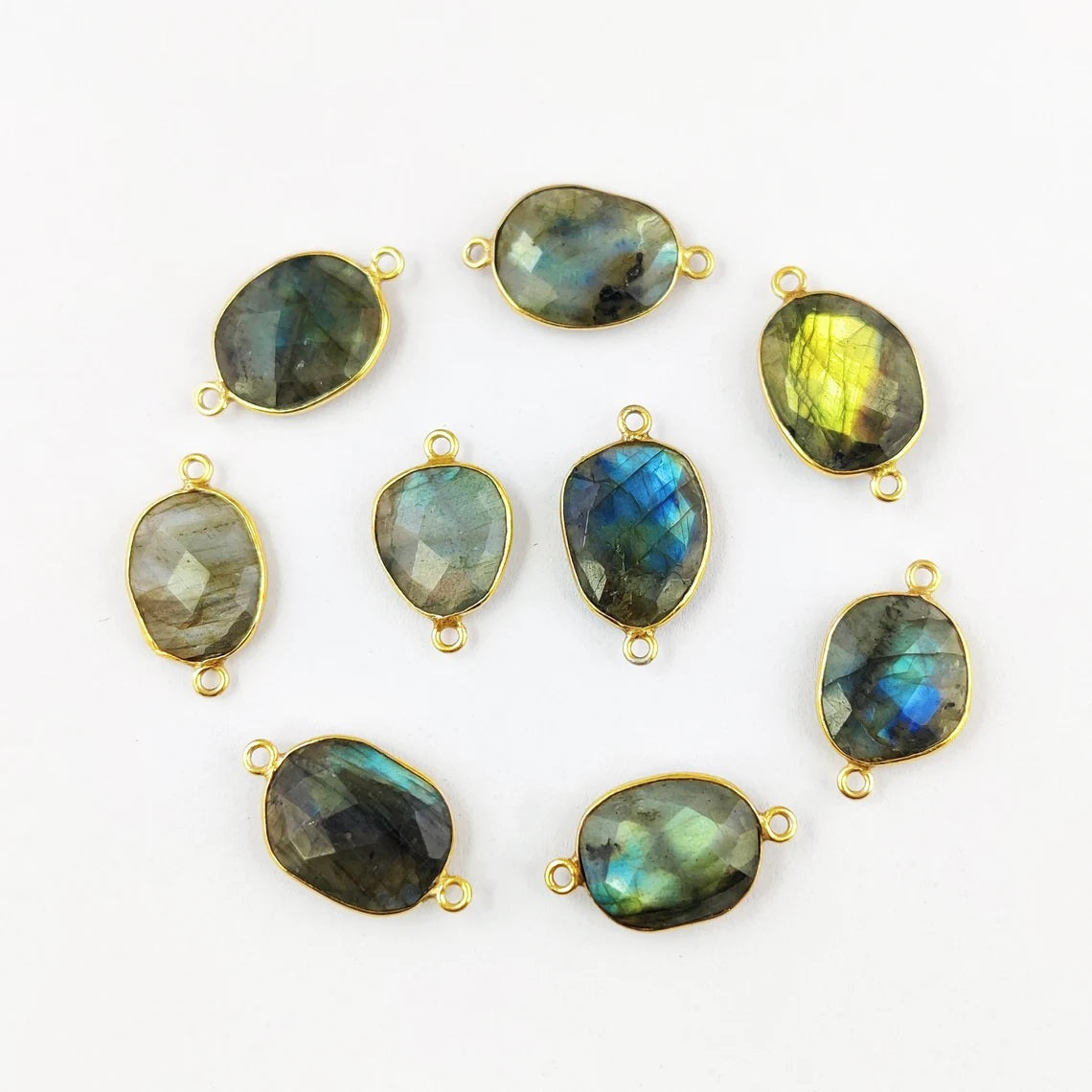 Natural Labradorite Connector Charm 12–15mm Free Form Stone with Gold Bezel – Jewelry Making Supply- Selling Per Piece