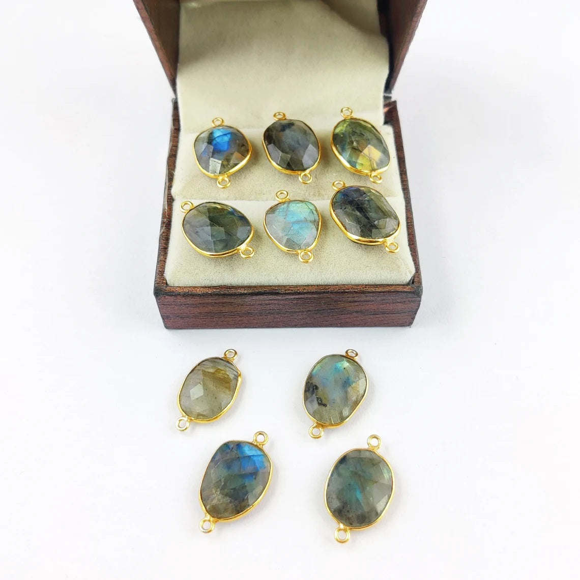 Natural Labradorite Connector Charm 12–15mm Free Form Stone with Gold Bezel – Jewelry Making Supply- Selling Per Piece