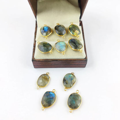 Natural Labradorite Connector Charm 12–15mm Free Form Stone with Gold Bezel – Jewelry Making Supply- Selling Per Piece