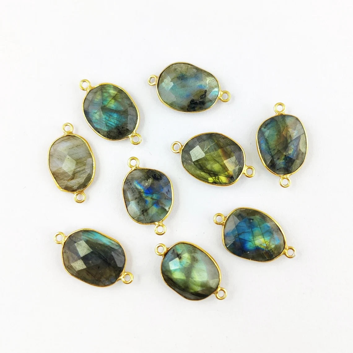 Natural Labradorite Connector Charm 12–15mm Free Form Stone with Gold Bezel – Jewelry Making Supply- Selling Per Piece