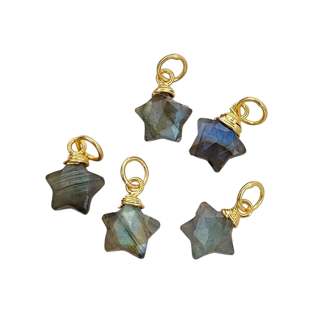 Labradorite Star Gemstone Pendant Blue Fire Gold Wire Wrapped Faceted Crystal Charm for Handmade Jewelry Design