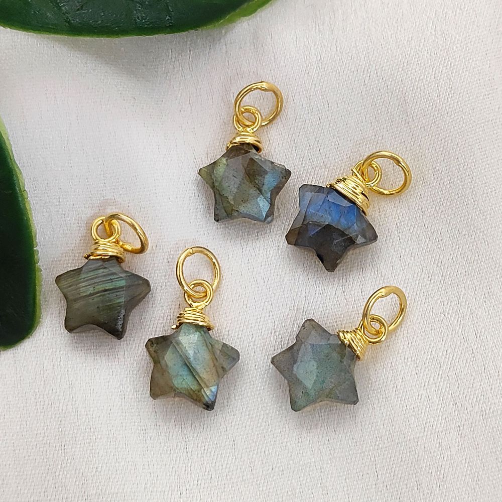 Labradorite Star Gemstone Pendant Blue Fire Gold Wire Wrapped Faceted Crystal Charm for Handmade Jewelry Design