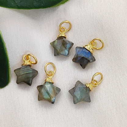 Labradorite Star Gemstone Pendant Blue Fire Gold Wire Wrapped Faceted Crystal Charm for Handmade Jewelry Design