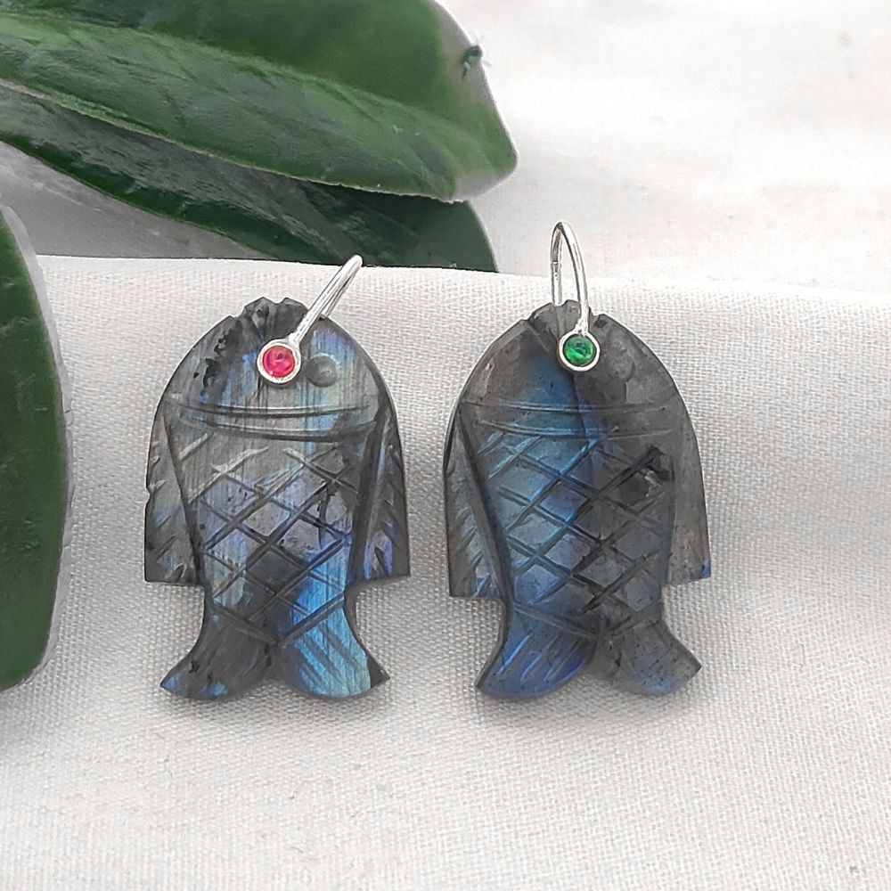 Labradorite Fish Pendant Hand Carved Gemstone Charm Gold Plated 925 Sterling Silver Bail for Jewelry Making Necklace Supply