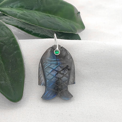 Multi Color Gemstone Fish Pendant Hand Carved Crystal Charm with Gold Plated 925 Sterling Silver Bail for Necklace Making