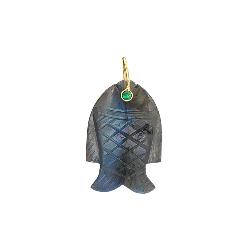 Labradorite Fish Pendant Hand Carved Gemstone Charm Gold Plated 925 Sterling Silver Bail for Jewelry Making Necklace Supply