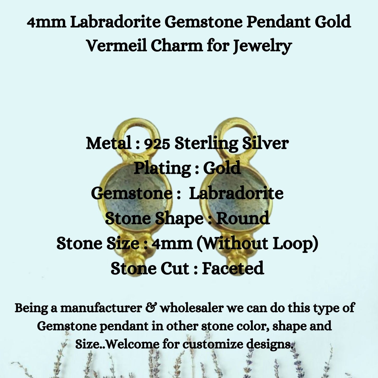 4mm Labradorite Gemstone Pendant Gold Vermeil Charm for Jewelry