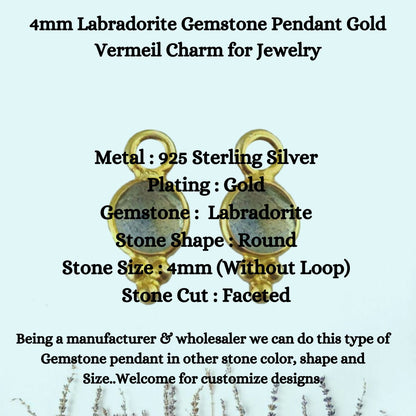 4mm Labradorite Gemstone Pendant Gold Vermeil Charm for Jewelry