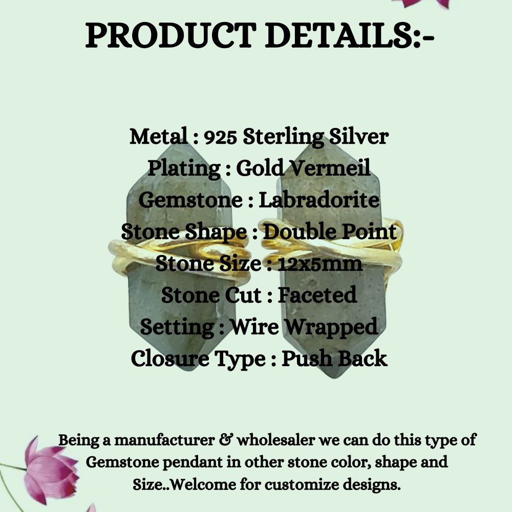 Dainty Labradorite Stud Earrings, Handmade 12x5mm Gold Vermeil Gemstone Jewelry – Selling Per Piece