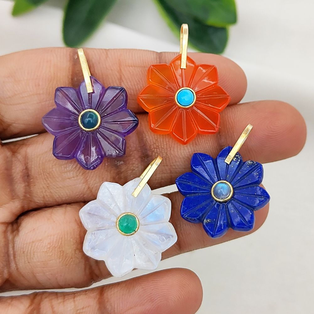 Lapis Lazuli Flower Pendant Hand-Carved Natural Gemstone Jewelry Charm with Gold-Plated 925 Sterling Silver Pinch Loop- Selling Per Piece