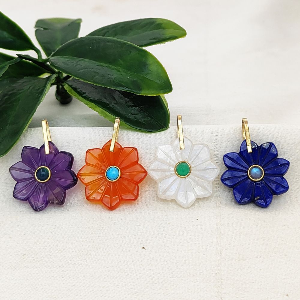 Lapis Lazuli Flower Pendant Hand-Carved Natural Gemstone Jewelry Charm with Gold-Plated 925 Sterling Silver Pinch Loop- Selling Per Piece