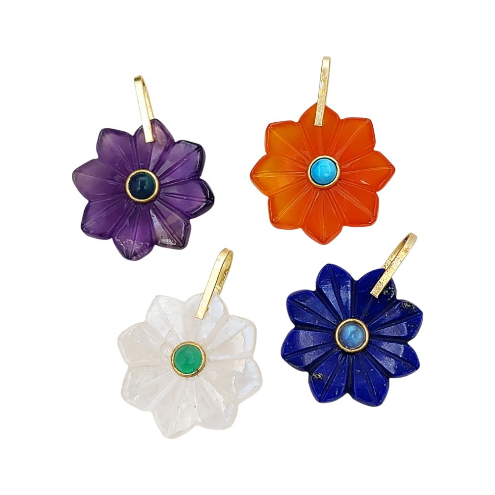 Lapis Lazuli Flower Pendant Hand-Carved Natural Gemstone Jewelry Charm with Gold-Plated 925 Sterling Silver Pinch Loop- Selling Per Piece