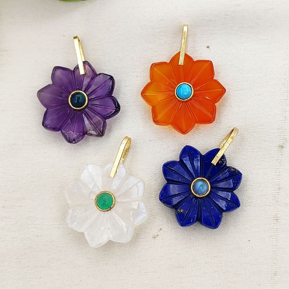 Lapis Lazuli Flower Pendant Hand-Carved Natural Gemstone Jewelry Charm with Gold-Plated 925 Sterling Silver Pinch Loop- Selling Per Piece