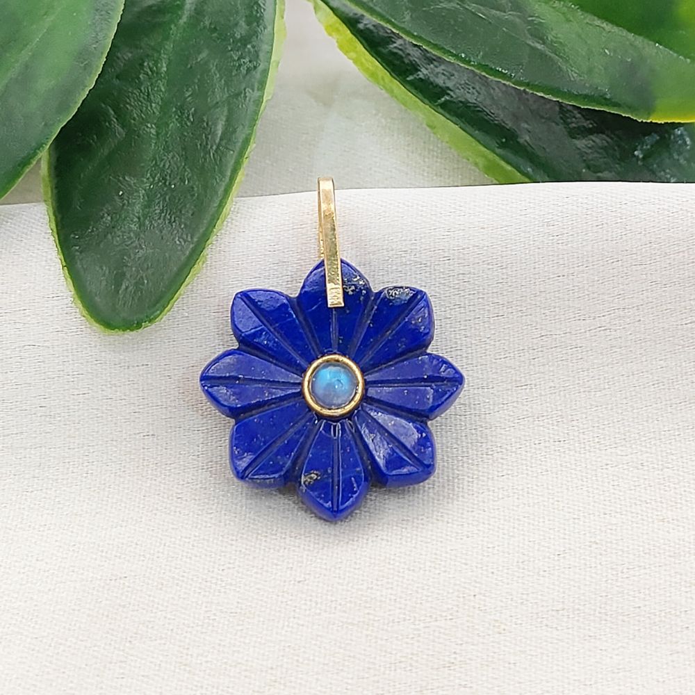 Lapis Lazuli Flower Pendant Hand-Carved Natural Gemstone Jewelry Charm with Gold-Plated 925 Sterling Silver Pinch Loop- Selling Per Piece