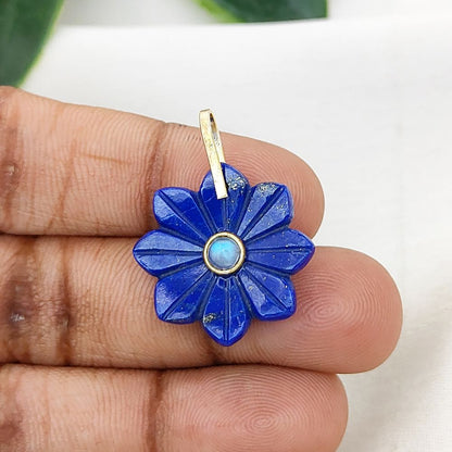 Lapis Lazuli Flower Pendant Hand-Carved Natural Gemstone Jewelry Charm with Gold-Plated 925 Sterling Silver Pinch Loop- Selling Per Piece