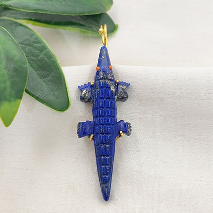 Lapis Lazuli Gemstone Crocodile / Alligator Pendant for Necklace Hand-Carved Animal Charm Gold Plated Boho Tribal Jewelry – Selling Per Piece