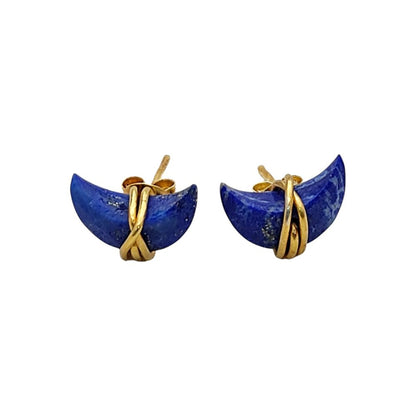 Lapis Lazuli Gemstone Stud Earrings Celestial Half Moon Handmade Jewelry Gift in Gold Plated Sterling Silver- Selling Per Piece