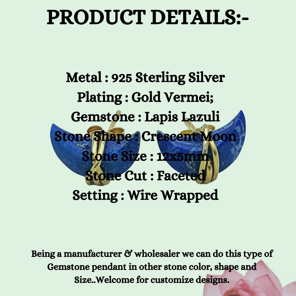 Lapis Lazuli Gemstone Stud Earrings Celestial Half Moon Handmade Jewelry Gift in Gold Plated Sterling Silver- Selling Per Piece