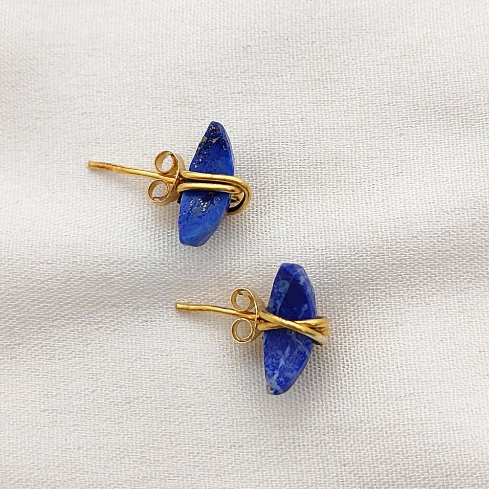 Lapis Lazuli Gemstone Stud Earrings Celestial Half Moon Handmade Jewelry Gift in Gold Plated Sterling Silver- Selling Per Piece