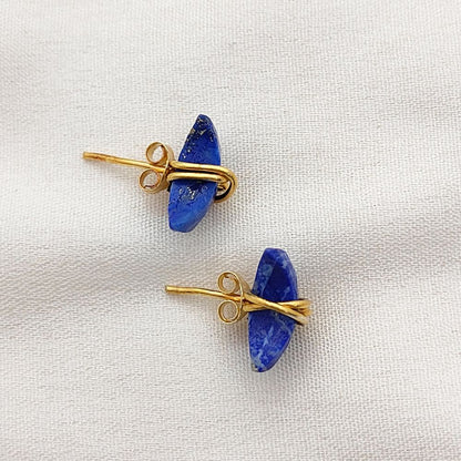 Lapis Lazuli Gemstone Stud Earrings Celestial Half Moon Handmade Jewelry Gift in Gold Plated Sterling Silver- Selling Per Piece