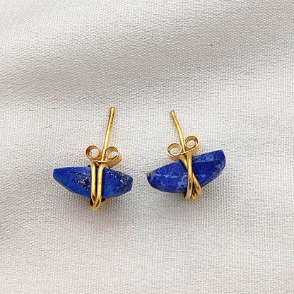 Lapis Lazuli Gemstone Stud Earrings Celestial Half Moon Handmade Jewelry Gift in Gold Plated Sterling Silver- Selling Per Piece