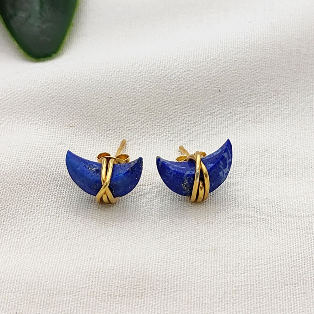 Lapis Lazuli Gemstone Stud Earrings Celestial Half Moon Handmade Jewelry Gift in Gold Plated Sterling Silver- Selling Per Piece