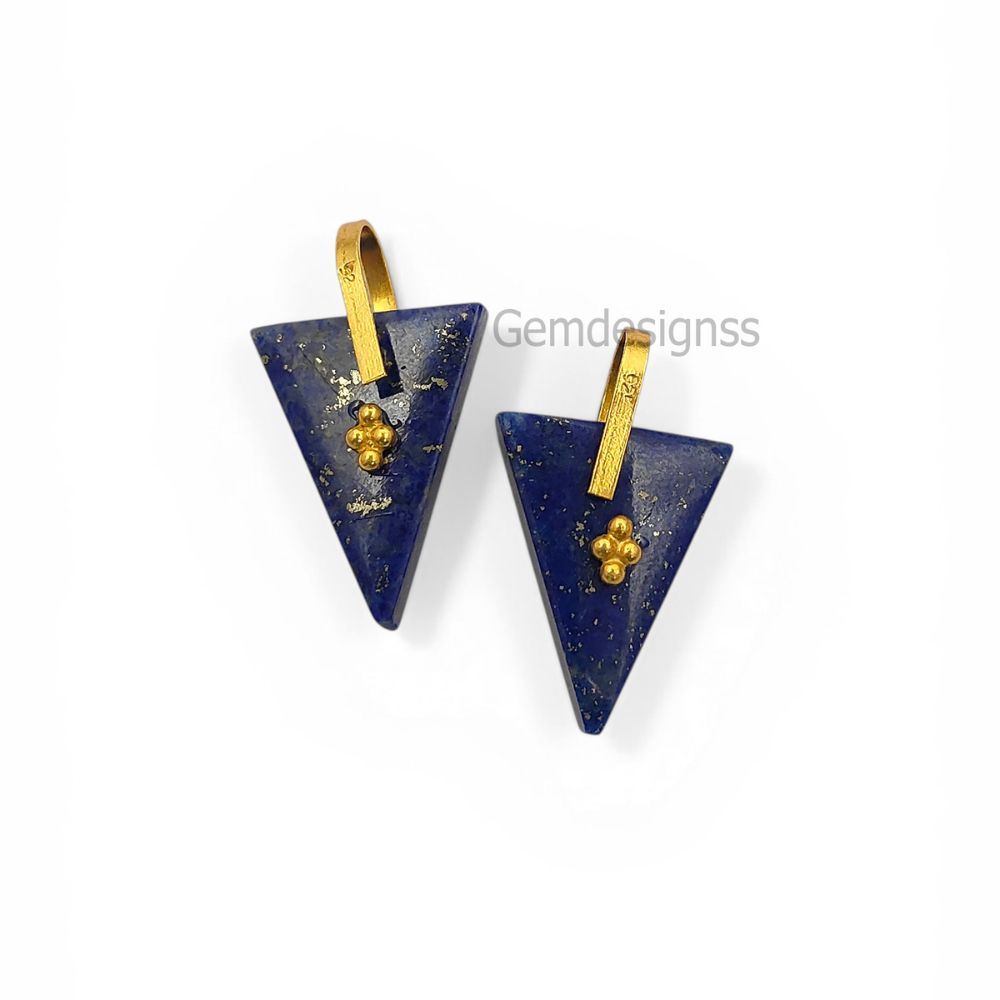 Lapis Lazuli Triangle Slice Pendant Charm, Gold Plated 925 Sterling Silver Pinch Bail, Trillion Cut Gemstone for Necklace Making