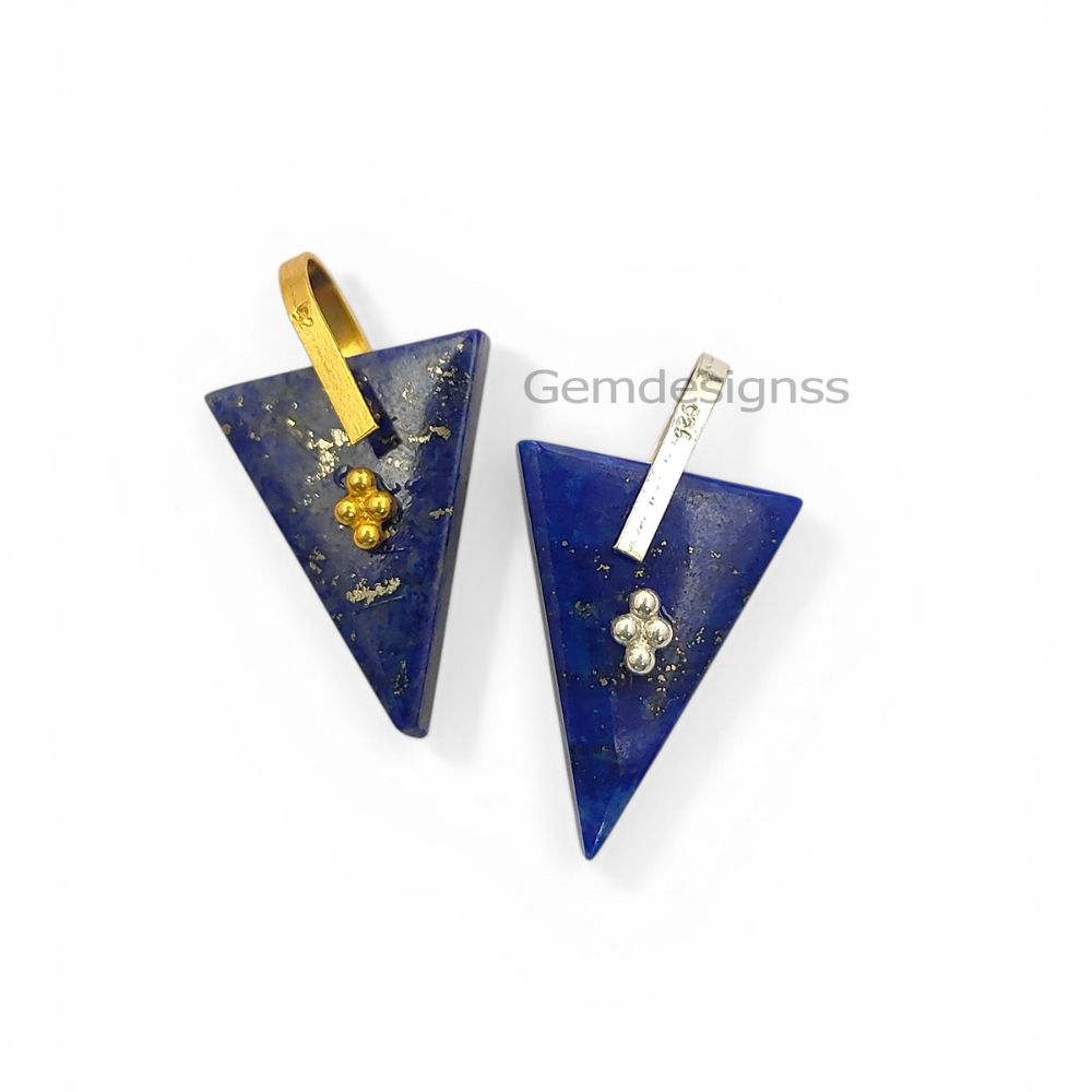 Lapis Lazuli Triangle Slice Pendant Charm, Gold Plated 925 Sterling Silver Pinch Bail, Trillion Cut Gemstone for Necklace Making