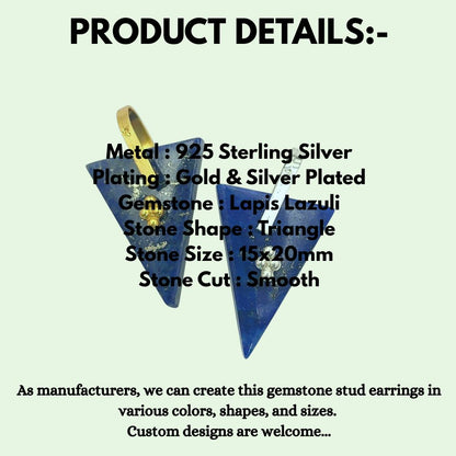 Lapis Lazuli Triangle Slice Pendant Charm, Gold Plated 925 Sterling Silver Pinch Bail, Trillion Cut Gemstone for Necklace Making