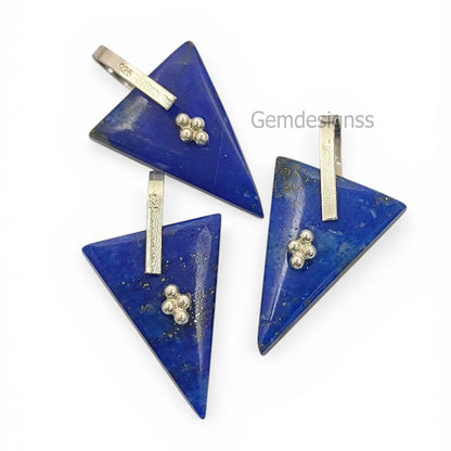 Lapis Lazuli Triangle Slice Pendant Charm, Gold Plated 925 Sterling Silver Pinch Bail, Trillion Cut Gemstone for Necklace Making