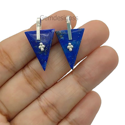 Lapis Lazuli Triangle Slice Pendant Charm, Gold Plated 925 Sterling Silver Pinch Bail, Trillion Cut Gemstone for Necklace Making