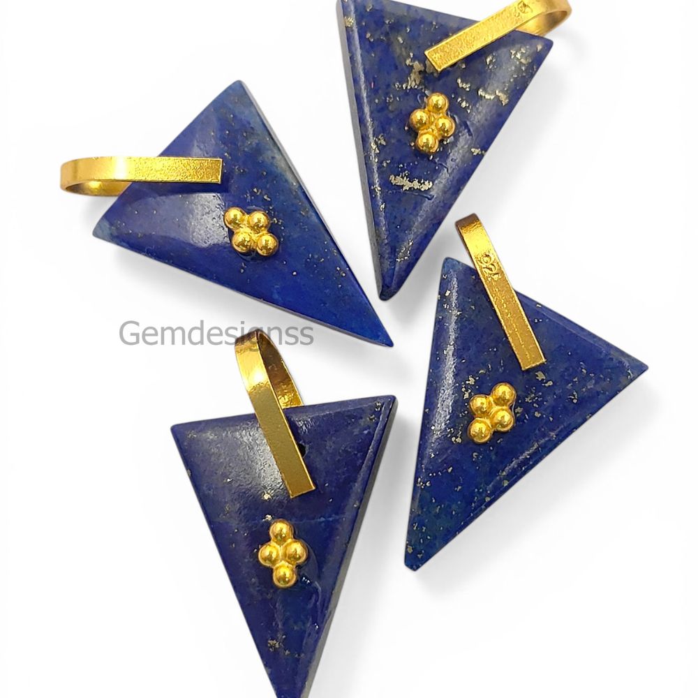Lapis Lazuli Triangle Slice Pendant Charm, Gold Plated 925 Sterling Silver Pinch Bail, Trillion Cut Gemstone for Necklace Making
