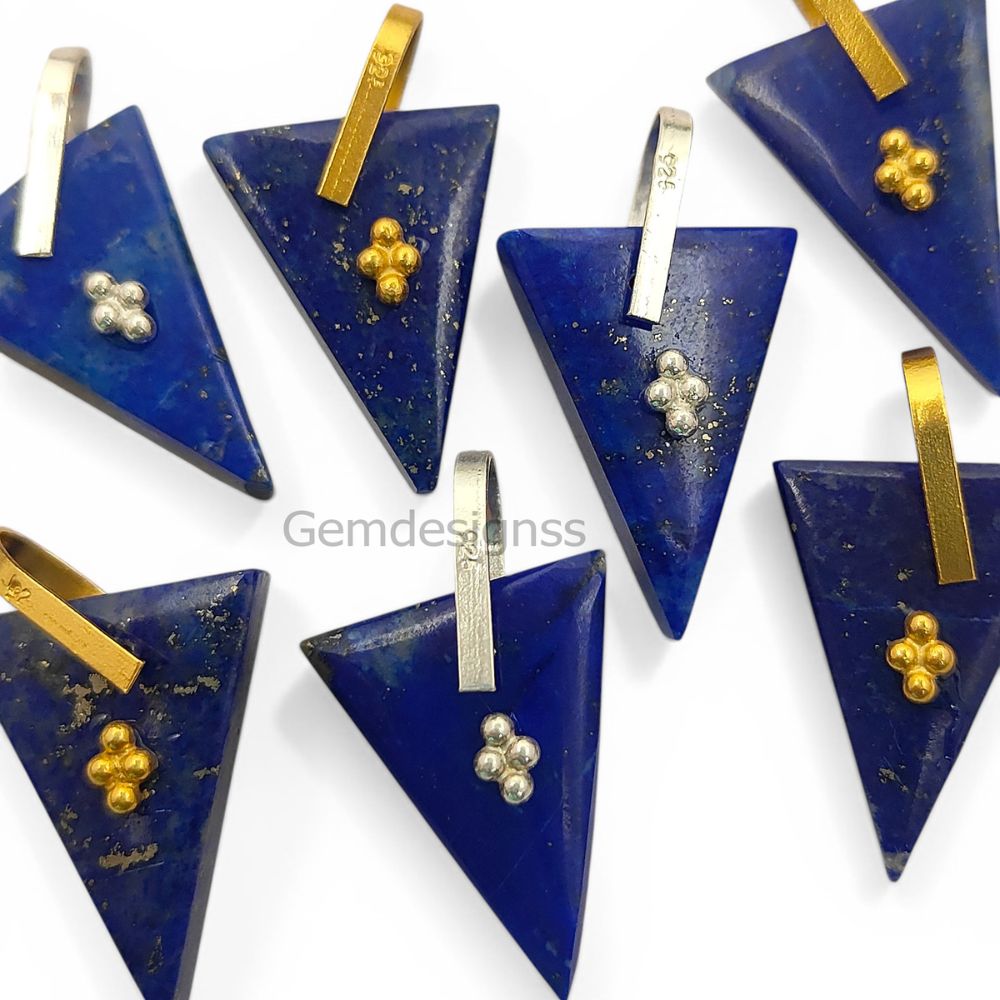 Lapis Lazuli Triangle Slice Pendant Charm, Gold Plated 925 Sterling Silver Pinch Bail, Trillion Cut Gemstone for Necklace Making