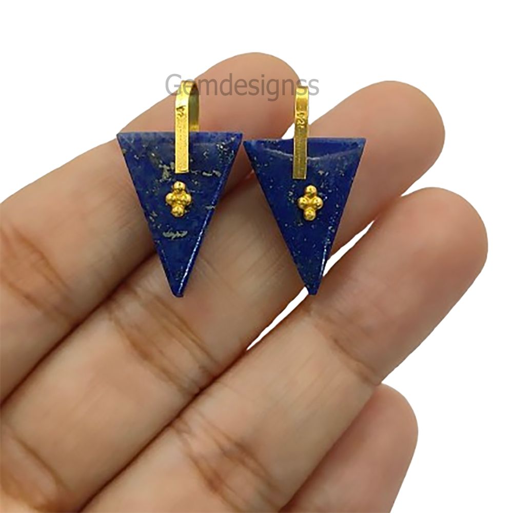 Lapis Lazuli Triangle Slice Pendant Charm, Gold Plated 925 Sterling Silver Pinch Bail, Trillion Cut Gemstone for Necklace Making