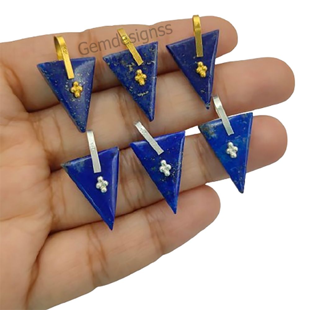 Lapis Lazuli Triangle Slice Pendant Charm, Gold Plated 925 Sterling Silver Pinch Bail, Trillion Cut Gemstone for Necklace Making