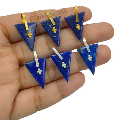 Lapis Lazuli Triangle Slice Pendant Charm, Gold Plated 925 Sterling Silver Pinch Bail, Trillion Cut Gemstone for Necklace Making