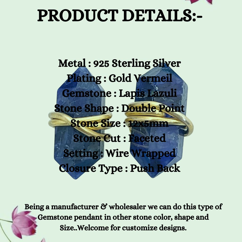 Elegant Lapis Lazuli Healing Stone Stud Earrings, Handmade Gold Vermeil Jewelry for Women- Selling Per Pair