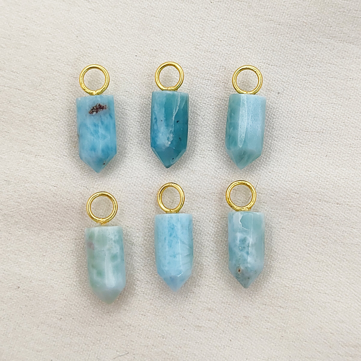 Larimar Crystal Pencil Point Pendant 14x6mm Gold Plated Sterling Silver Petite Spike Charm – Selling Per Piece