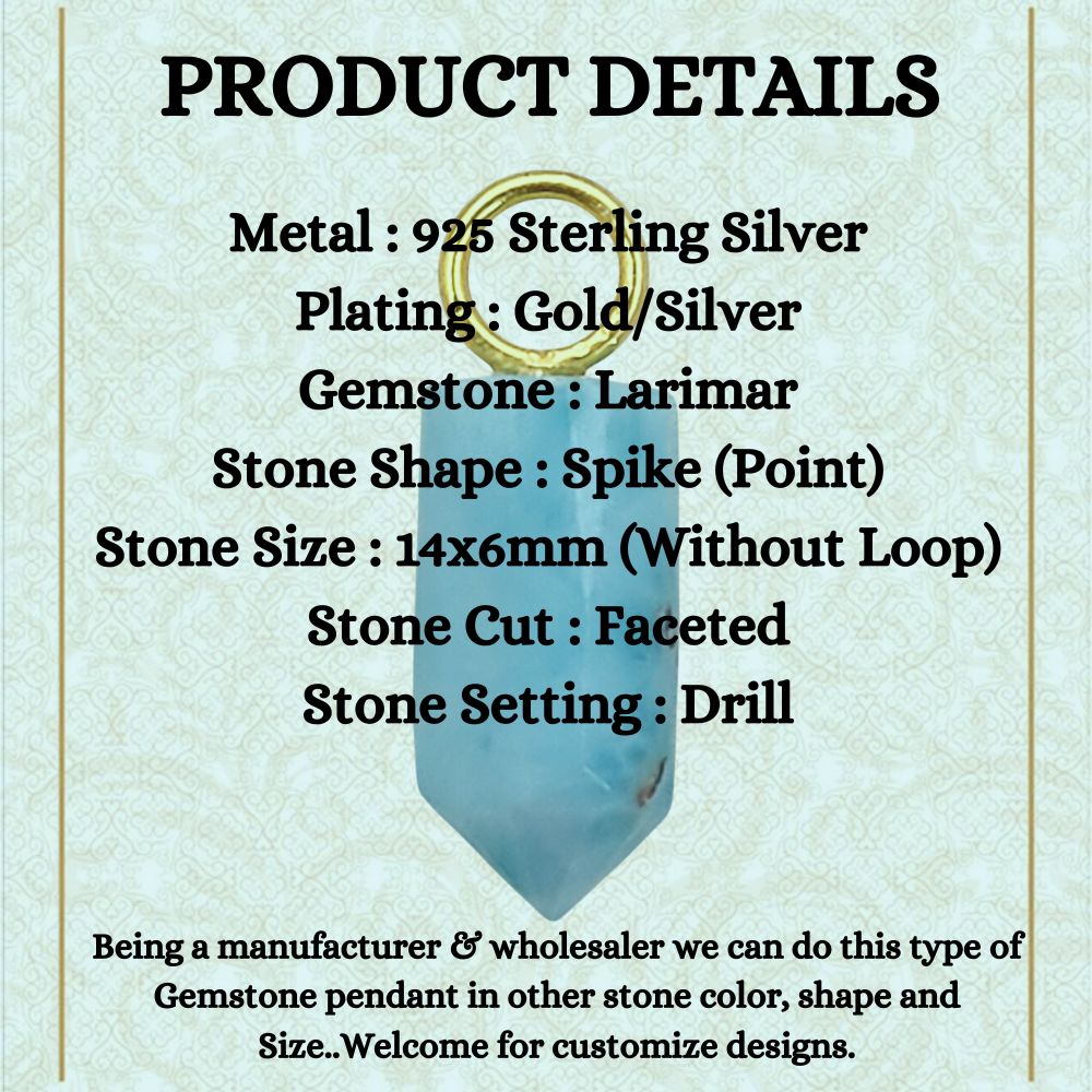 Larimar Crystal Pencil Point Pendant 14x6mm Gold Plated Sterling Silver Petite Spike Charm – Selling Per Piece