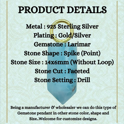 Larimar Crystal Pencil Point Pendant 14x6mm Gold Plated Sterling Silver Petite Spike Charm – Selling Per Piece