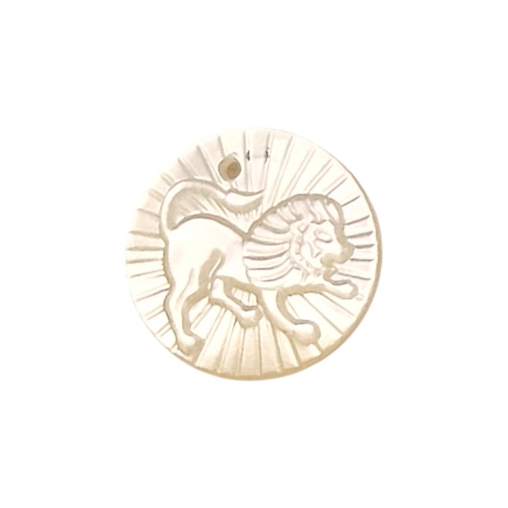 Leo Zodiac Mother of Pearl Charm Engraved Horoscope Coin Shell Disc Pendant for Handmade Jewelry- Selling Per Piece