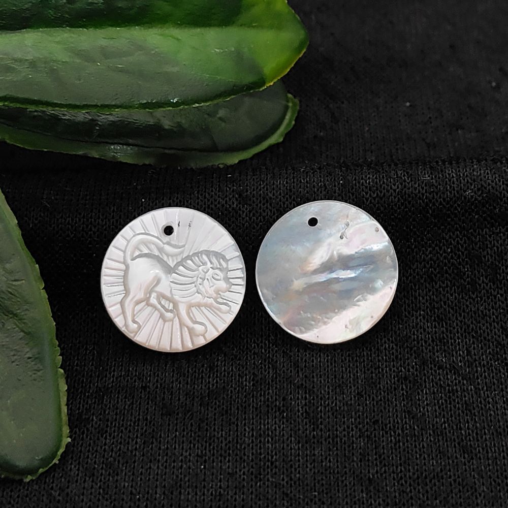 Leo Zodiac Mother of Pearl Charm Engraved Horoscope Coin Shell Disc Pendant for Handmade Jewelry- Selling Per Piece